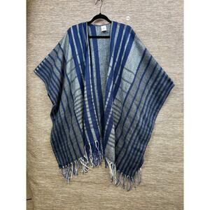 Woolrich Poncho Womens One Size Blue Gray Striped Fringe Kimono Open Cape Wrap